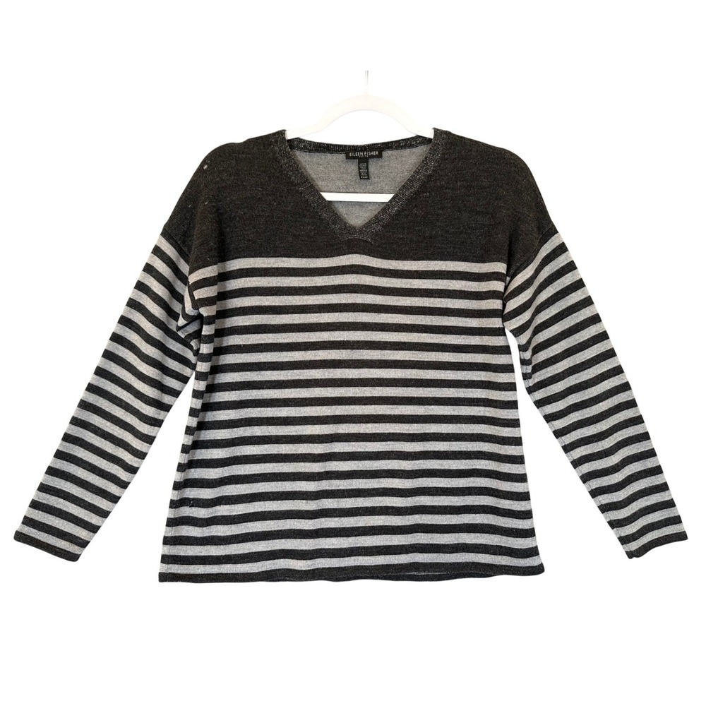 Eileen Fisher Petite‎ Womens 100% Merino Wool Sweater Sz PS Small Striped V Neck